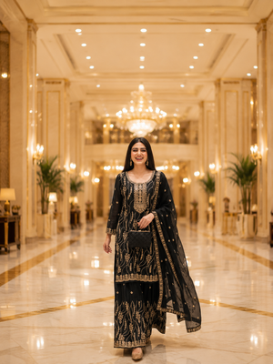 Black embroidered fandy silk stiched kurta sharara set with dupatta for women 4