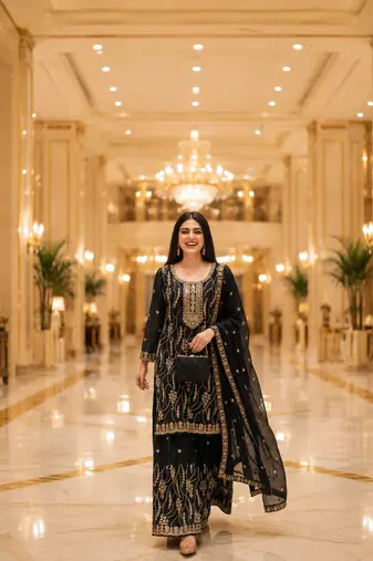 Black embroidered fandy silk stiched kurta sharara set with dupatta for women
