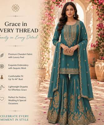 Blue embroidered chanderi free size stiched kurta sharara set with dupatta for women 2