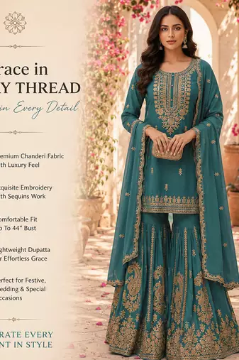 Blue embroidered chanderi free size stiched kurta sharara set with dupatta for women