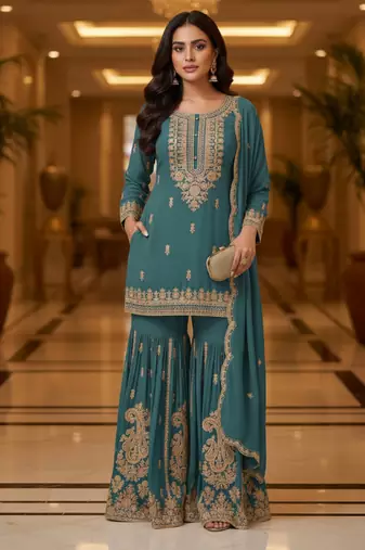 Blue embroidered chanderi free size stiched kurta sharara set with dupatta for women