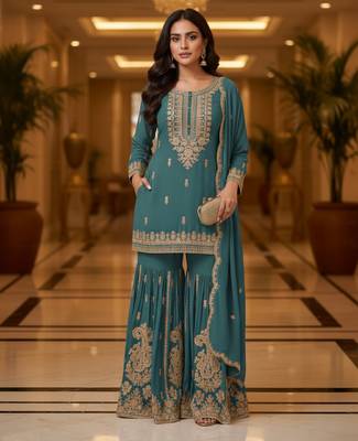 Blue embroidered chanderi free size stiched kurta sharara set with dupatta for women 4