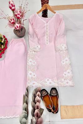 Light pink heavy natural silk palazzo set with pearl moti hand work 1