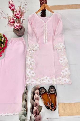 Light pink heavy natural silk palazzo set with pearl moti hand work