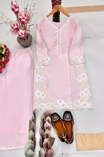 Light pink heavy natural silk palazzo set with pearl moti hand work