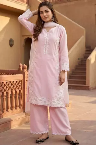 Light pink heavy natural silk palazzo set with pearl moti hand work