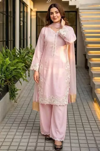 Light pink heavy natural silk palazzo set with pearl moti hand work
