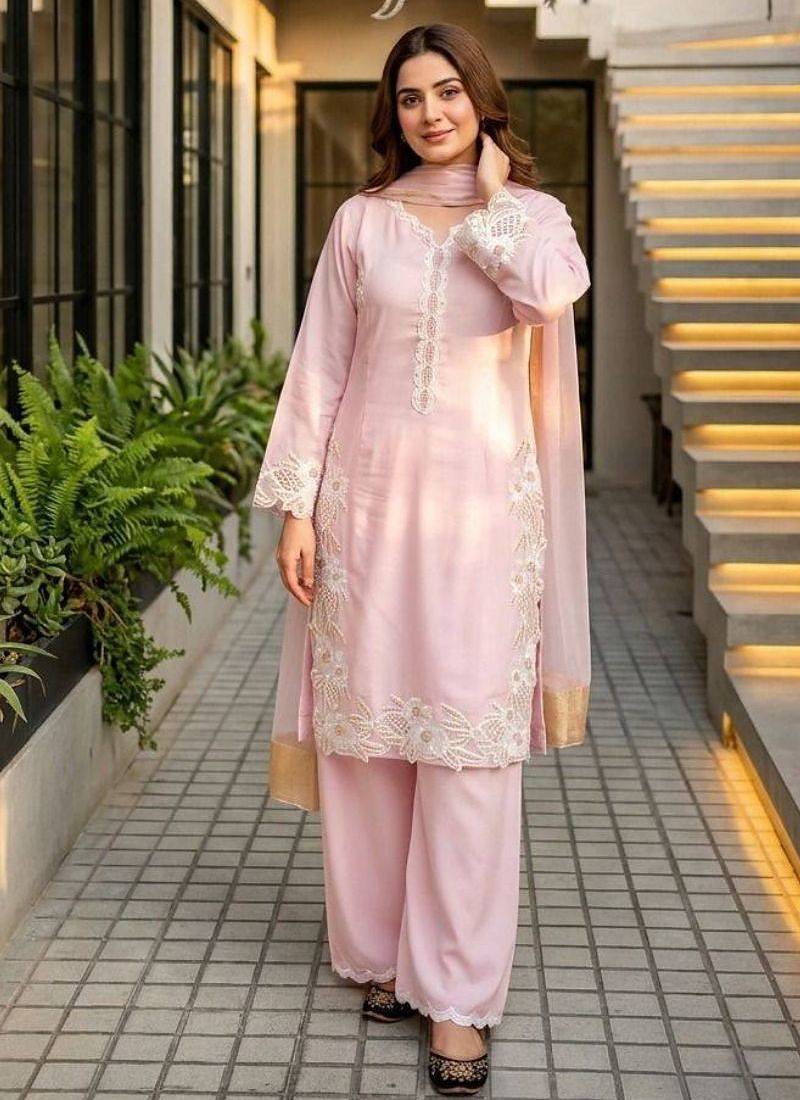 Light pink heavy natural silk palazzo set with pearl moti hand work