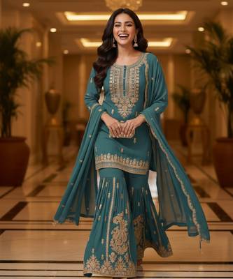Blue embroidered chanderi free size stiched kurta sharara set with dupatta for women 5