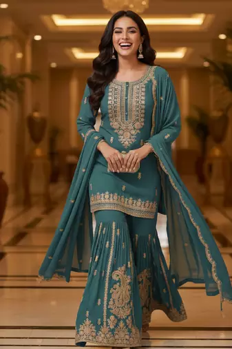 Blue embroidered chanderi free size stiched kurta sharara set with dupatta for women