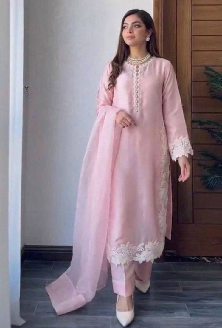 Light pink heavy natural silk palazzo set with pearl moti hand work