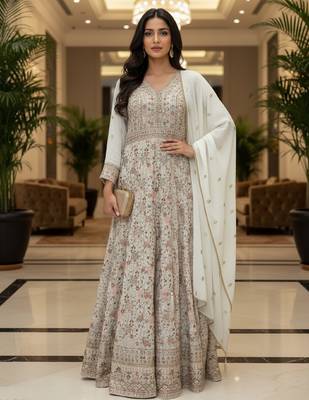 Elegant off white heavy georgette anarkali free size stiched kurta with dupatta for women 1