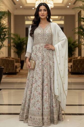 Elegant off white heavy georgette anarkali free size stiched kurta with dupatta for women
