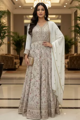 Elegant off white heavy georgette anarkali free size stiched kurta with dupatta for women