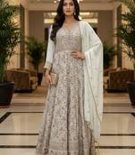 Elegant off white heavy georgette anarkali free size stiched kurta with dupatta for women