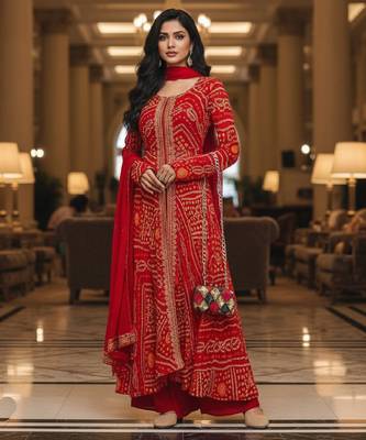 Red printed flared georgette free size stiched kurta palazzo set with dupatta for women 5