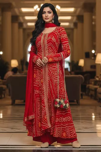 Red printed flared georgette free size stiched kurta palazzo set with dupatta for women