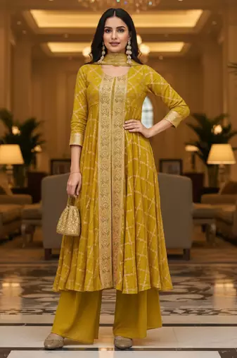 Yellow printed flared georgette free size stiched kurta palazzo set with dupatta for women