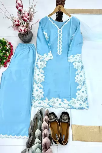 Sky blue heavy natural silk palazzo set with pearl moti hand work