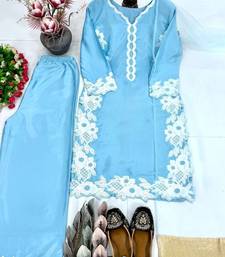 Sky blue heavy natural silk palazzo set with pearl moti hand work