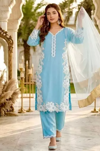 Sky blue heavy natural silk palazzo set with pearl moti hand work