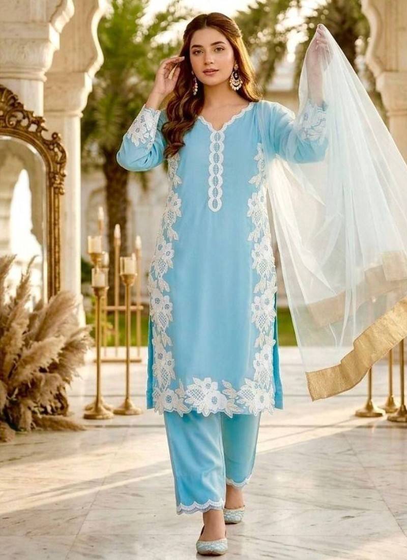 Sky blue heavy natural silk palazzo set with pearl moti hand work