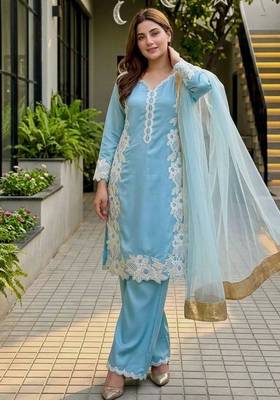 Sky blue heavy natural silk palazzo set with pearl moti hand work 1