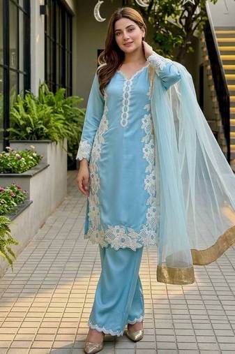 Sky blue heavy natural silk palazzo set with pearl moti hand work