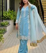 Sky blue heavy natural silk palazzo set with pearl moti hand work