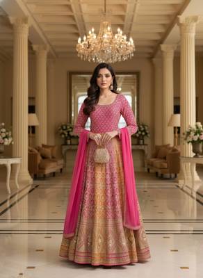 Luxury pink embroidered faux georgette anarkali free size stiched kurta set with dupatta for women 4