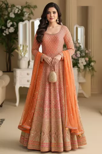 Luxury orange embroidered faux georgette anarkali free size stiched kurta set with dupatta for women