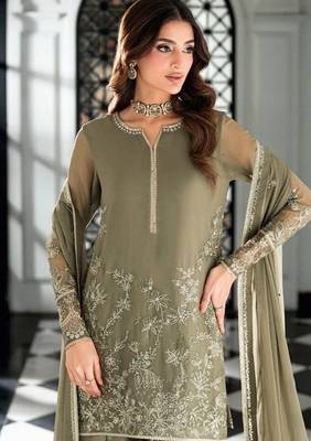 Pakistani light green georgette palazzo suit with sequins work 3