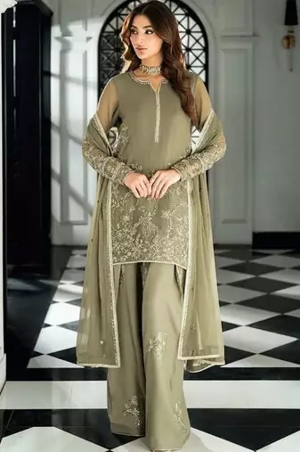 Pakistani light green georgette palazzo suit with sequins work