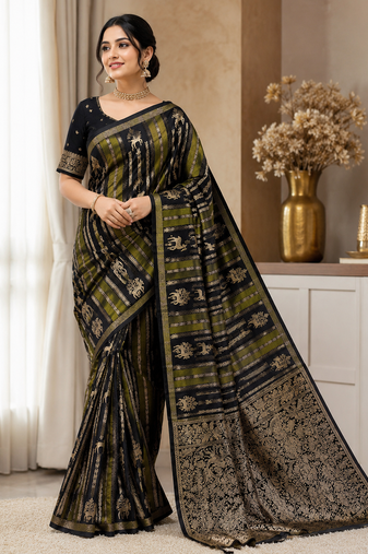 Black Jaqurad Doubling Viscos Jari Weaving All Over Body Small And Beautiful Deer Khaddi Crep georgettete Saree