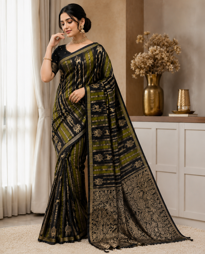 Black Color Jaqurad Doubling Viscos Jari Weaving All Over Body Small And Beautiful Deer Khaddi Crep Georgette Saree
