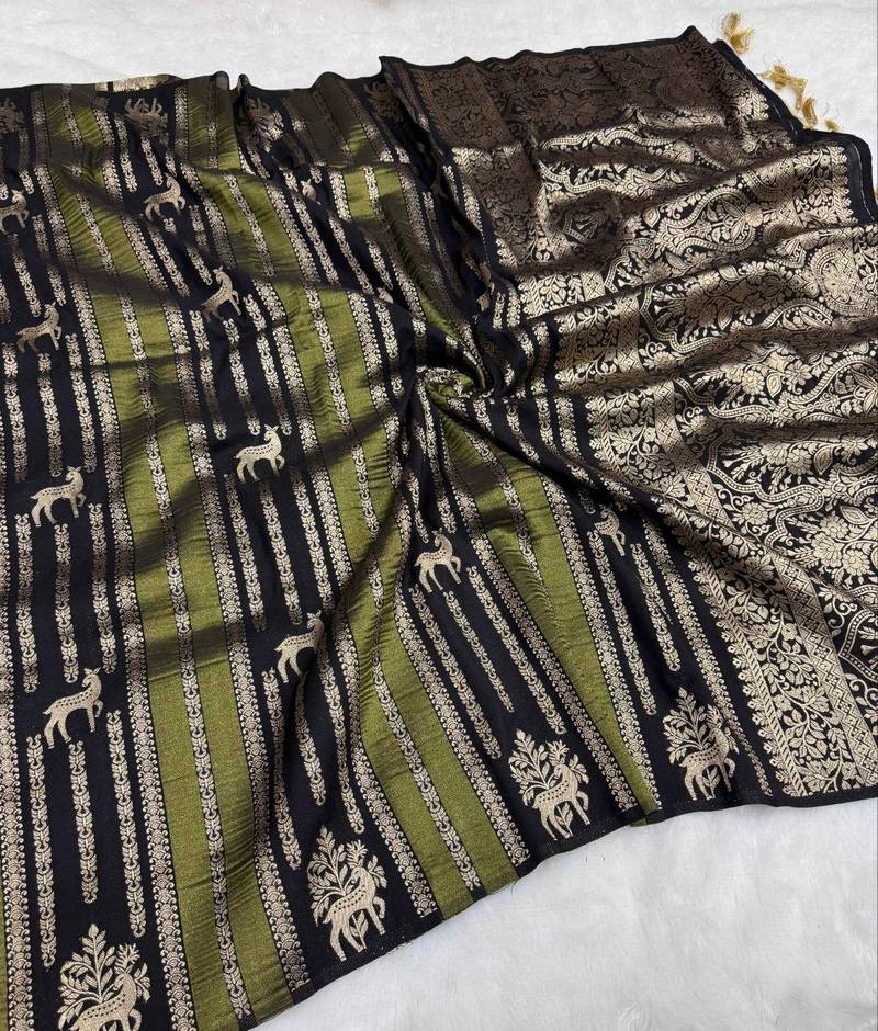 Black Color Jaqurad Doubling Viscos Jari Weaving All Over Body Small And Beautiful Deer Khaddi Crep Georgette Saree