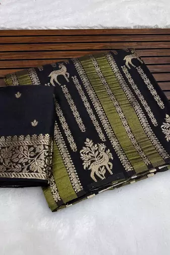 Black Color Jaqurad Doubling Viscos Jari Weaving All Over Body Small And Beautiful Deer Khaddi Crep Georgette Saree