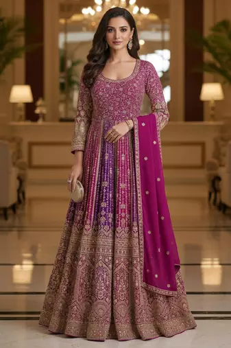 Luxury magenta embroidered faux georgette anarkali free size stiched kurta set with dupatta for women