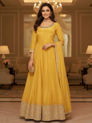 Yellow embroidered heavy viscose anarkali free size stiched kurta set with dupatta for women 4