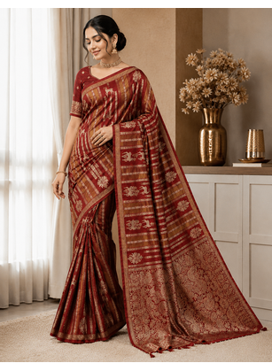 Maroon Color Jaqurad Doubling Viscos Jari Weaving All Over Body Small And Beautiful Deer Khaddi Crep Georgette Saree 1