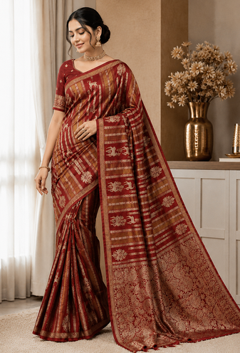 Maroon Jaqurad Doubling Viscos Jari Weaving All Over Body Small And Beautiful Deer Khaddi Crep georgettete Saree