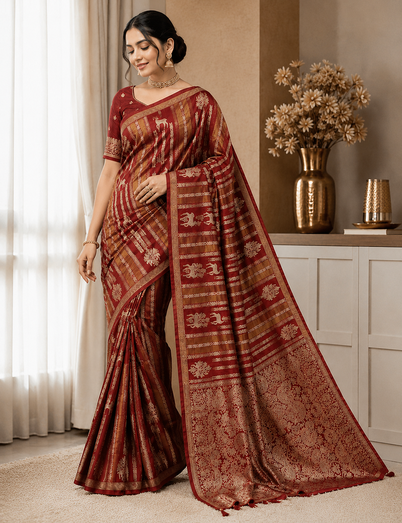 Maroon Color Jaqurad Doubling Viscos Jari Weaving All Over Body Small And Beautiful Deer Khaddi Crep Georgette Saree