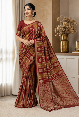 Maroon Color Jaqurad Doubling Viscos Jari Weaving All Over Body Small And Beautiful Deer Khaddi Crep Georgette Saree 2