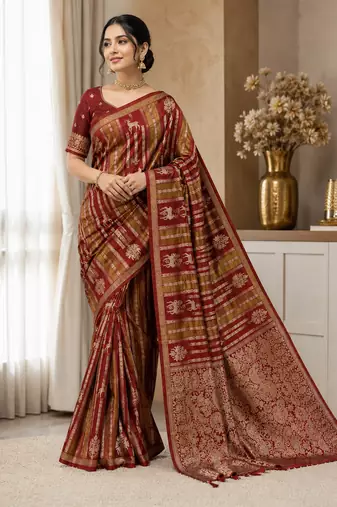 Maroon Color Jaqurad Doubling Viscos Jari Weaving All Over Body Small And Beautiful Deer Khaddi Crep Georgette Saree