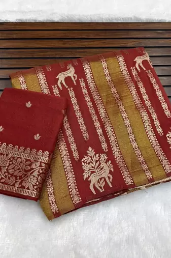 Maroon Color Jaqurad Doubling Viscos Jari Weaving All Over Body Small And Beautiful Deer Khaddi Crep Georgette Saree