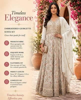 Elegant off white heavy georgette anarkali free size stiched kurta with dupatta for women 2