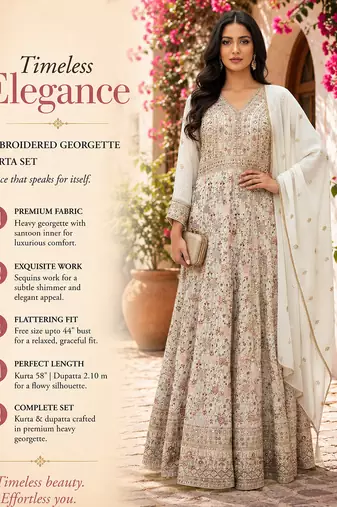Elegant off white heavy georgette anarkali free size stiched kurta with dupatta for women