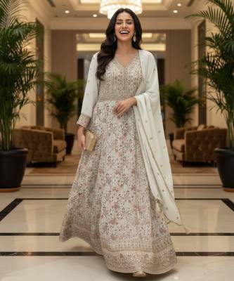 Elegant off white heavy georgette anarkali free size stiched kurta with dupatta for women 3