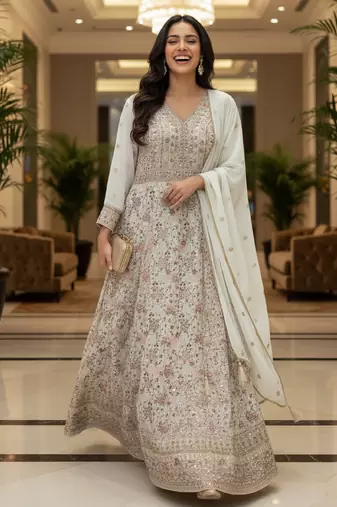 Elegant off white heavy georgette anarkali free size stiched kurta with dupatta for women