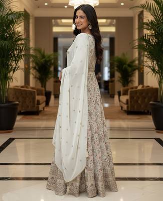 Elegant off white heavy georgette anarkali free size stiched kurta with dupatta for women 4